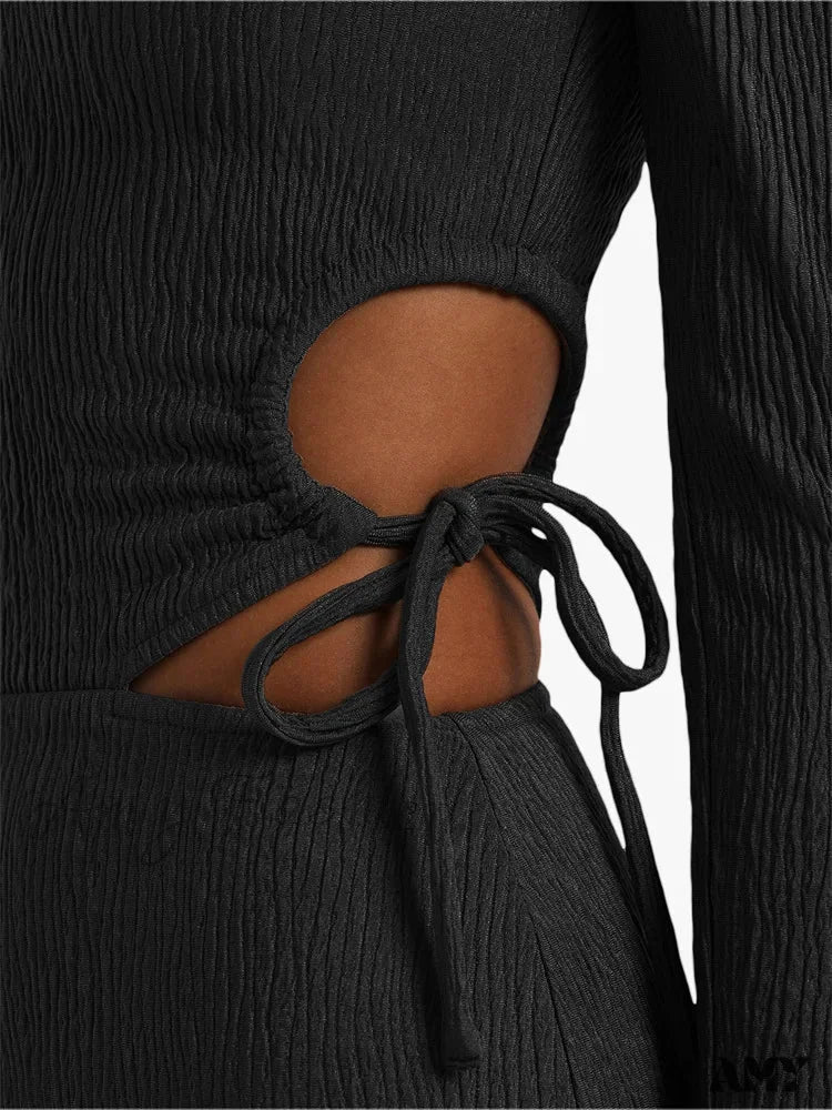 Amy Fashion - Women Autumn Knitted Slim Fit  Solid Round Neck Back Split  Sleeve Hollow Out Tie Up Party Vestido - Image 6