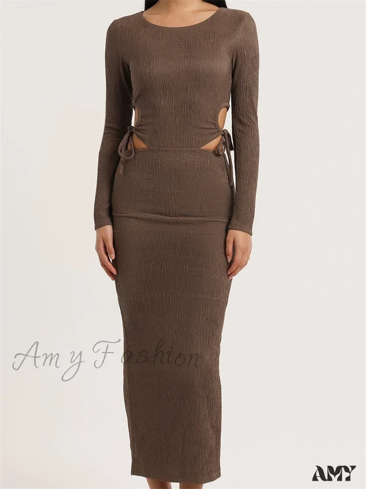 Amy Fashion - Women Autumn Knitted Slim Fit  Solid Round Neck Back Split  Sleeve Hollow Out Tie Up Party Vestido - Image 8