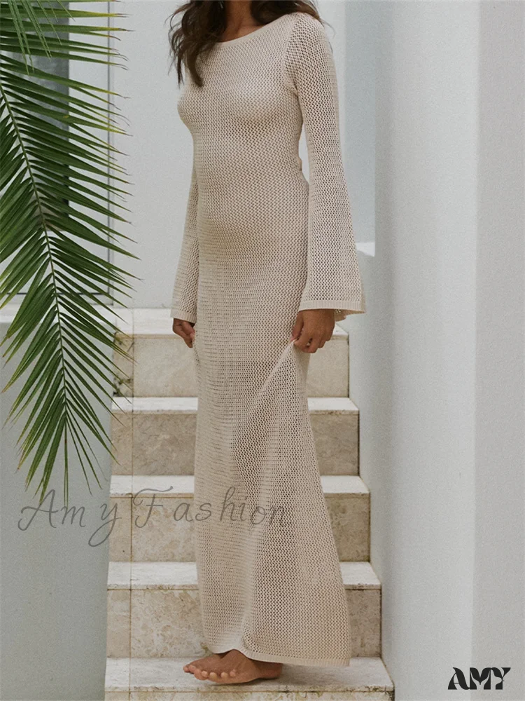 Amy Fashion - Women Autumn Knitted  Solid  Sleeve Round Neck Backless Tie-Up Slim Party Beach  Female Vestidos - Image 2