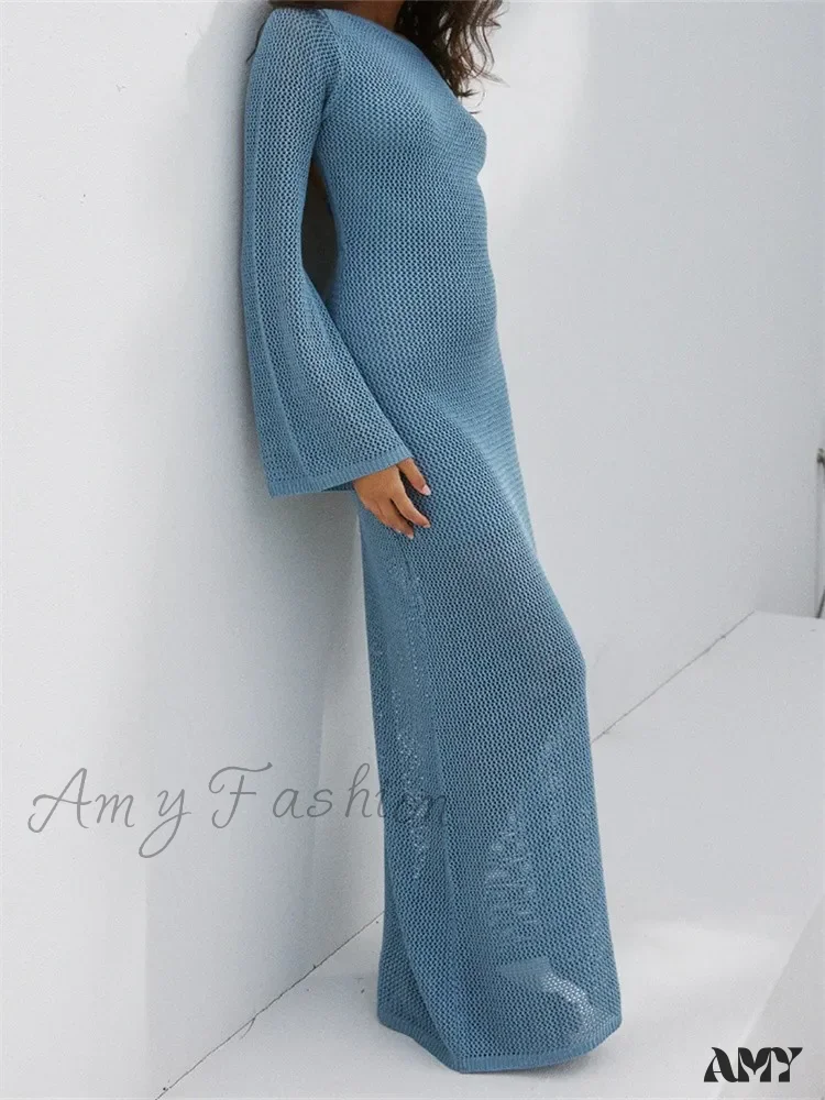 Amy Fashion - Women Autumn Knitted  Solid  Sleeve Round Neck Backless Tie-Up Slim Party Beach  Female Vestidos - Image 4