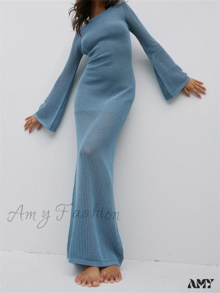 Amy Fashion - Women Autumn Knitted  Solid  Sleeve Round Neck Backless Tie-Up Slim Party Beach  Female Vestidos - Image 5