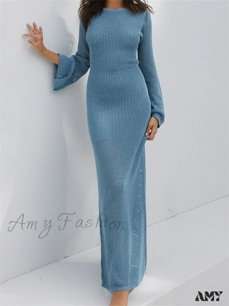 Amy Fashion - Women Autumn Knitted  Solid  Sleeve Round Neck Backless Tie-Up Slim Party Beach  Female Vestidos - Image 6