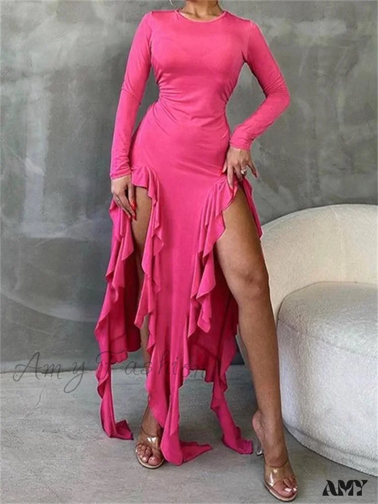 Amy Fashion - Women Bodycon  Fashion  Sleeve Solid Color High Split Ruffles Ruched Party Female Vestidos - Image 4