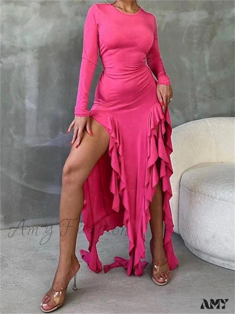 Amy Fashion - Women Bodycon  Fashion  Sleeve Solid Color High Split Ruffles Ruched Party Female Vestidos - Image 5