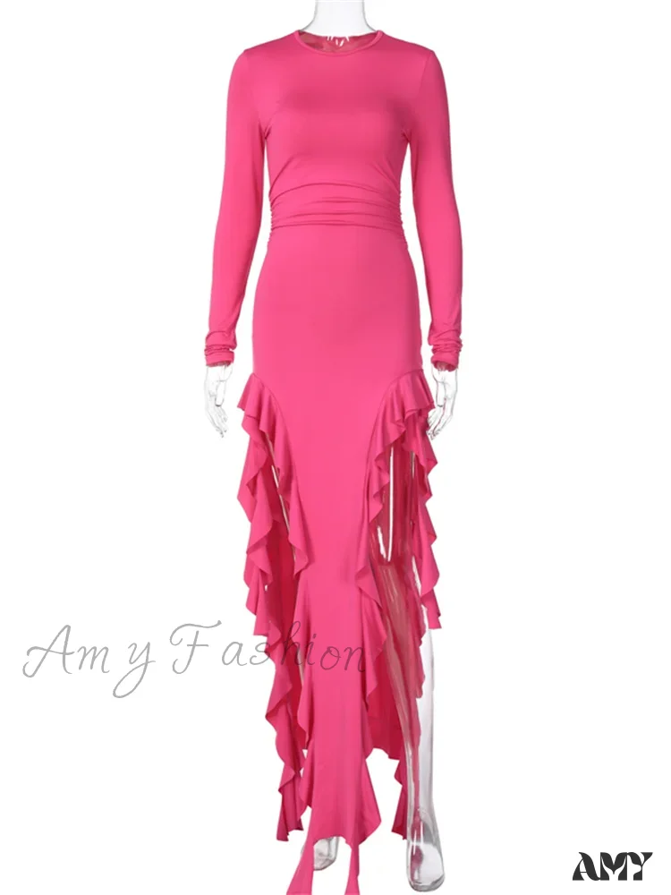 Amy Fashion - Women Bodycon  Fashion  Sleeve Solid Color High Split Ruffles Ruched Party Female Vestidos - Image 6