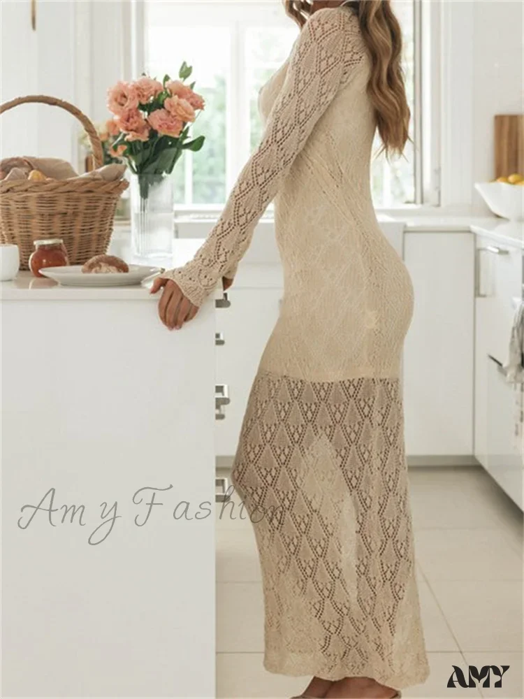 Amy Fashion - Women Bodycon  Lace See Through Hollow Out O-neck  Sleeve Back Split Party Female Vestidos - Image 6