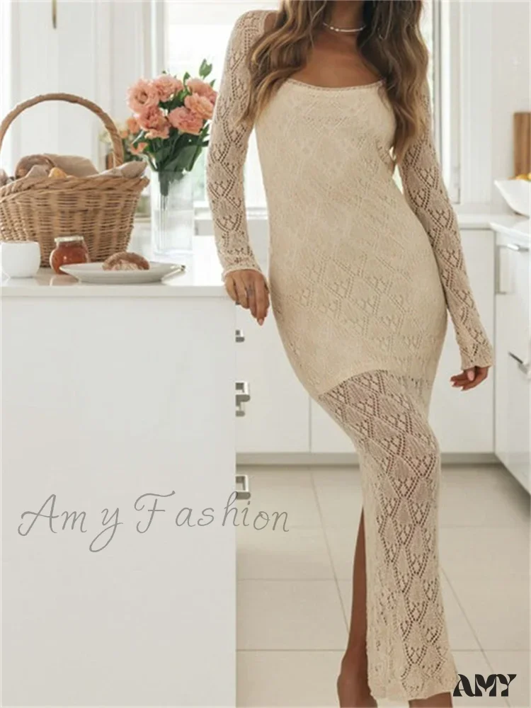 Amy Fashion - Women Bodycon  Lace See Through Hollow Out O-neck  Sleeve Back Split Party Female Vestidos - Image 7
