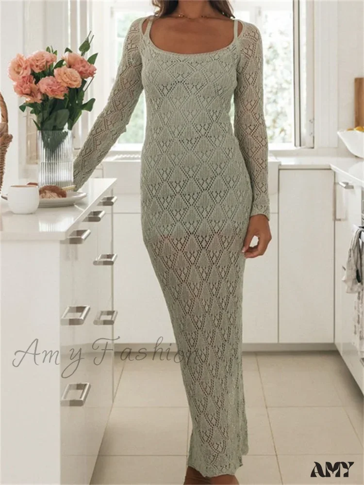Amy Fashion - Women Bodycon  Lace See Through Hollow Out O-neck  Sleeve Back Split Party Female Vestidos - Image 8
