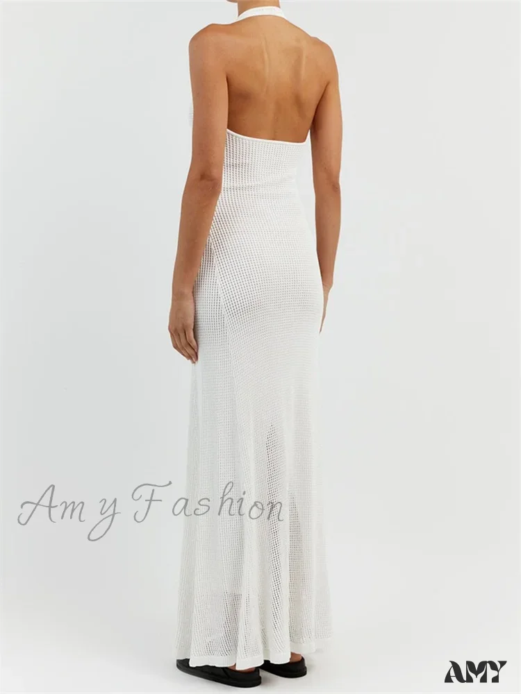 Amy Fashion - Women Bodycon  Solid Deep V Neck Halter Sleeveless Backless Knitted Summer Holiday Beach Vestido - Image 2