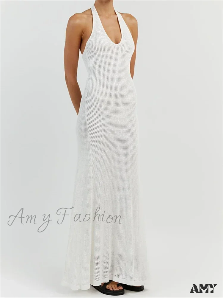 Amy Fashion - Women Bodycon  Solid Deep V Neck Halter Sleeveless Backless Knitted Summer Holiday Beach Vestido - Image 3