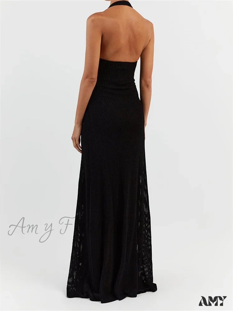 Amy Fashion - Women Bodycon  Solid Deep V Neck Halter Sleeveless Backless Knitted Summer Holiday Beach Vestido - Image 4