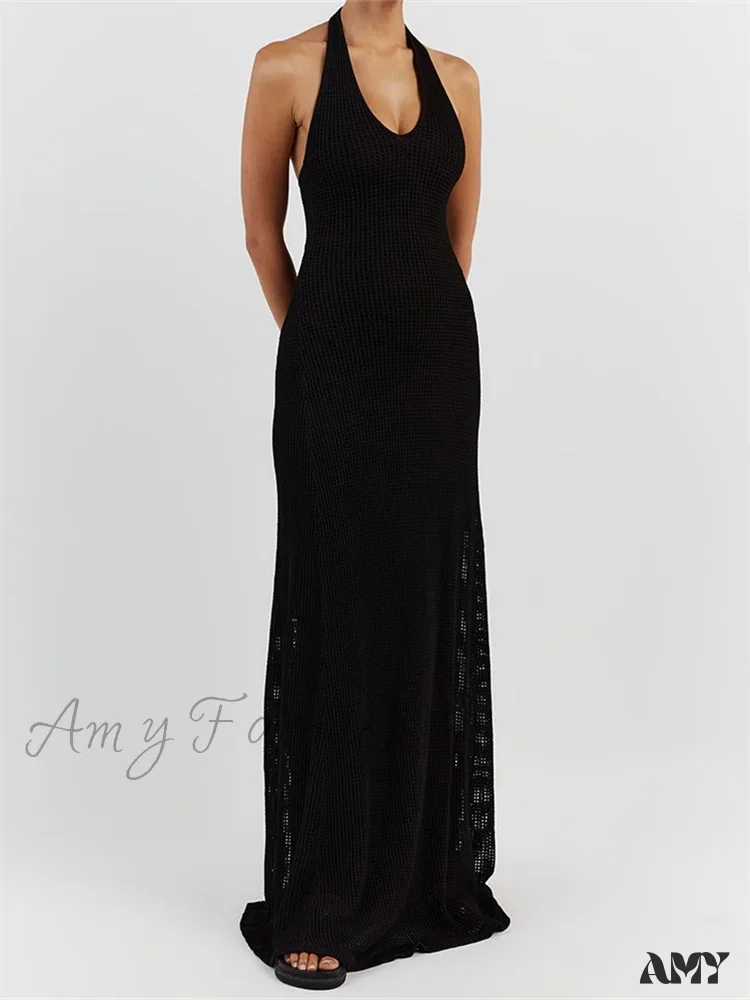 Amy Fashion - Women Bodycon  Solid Deep V Neck Halter Sleeveless Backless Knitted Summer Holiday Beach Vestido - Image 5