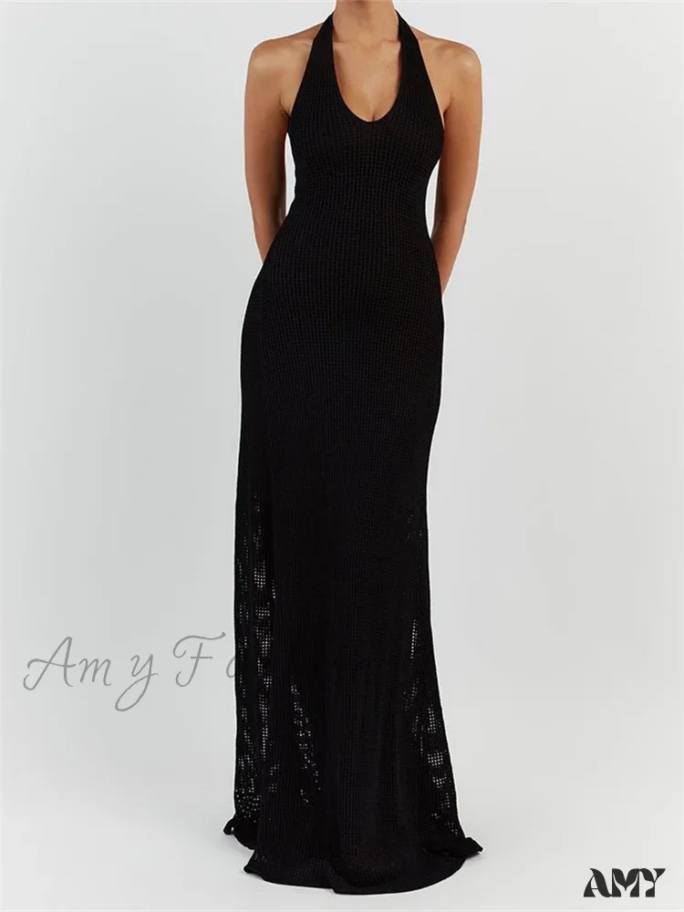 Amy Fashion - Women Bodycon  Solid Deep V Neck Halter Sleeveless Backless Knitted Summer Holiday Beach Vestido - Image 6