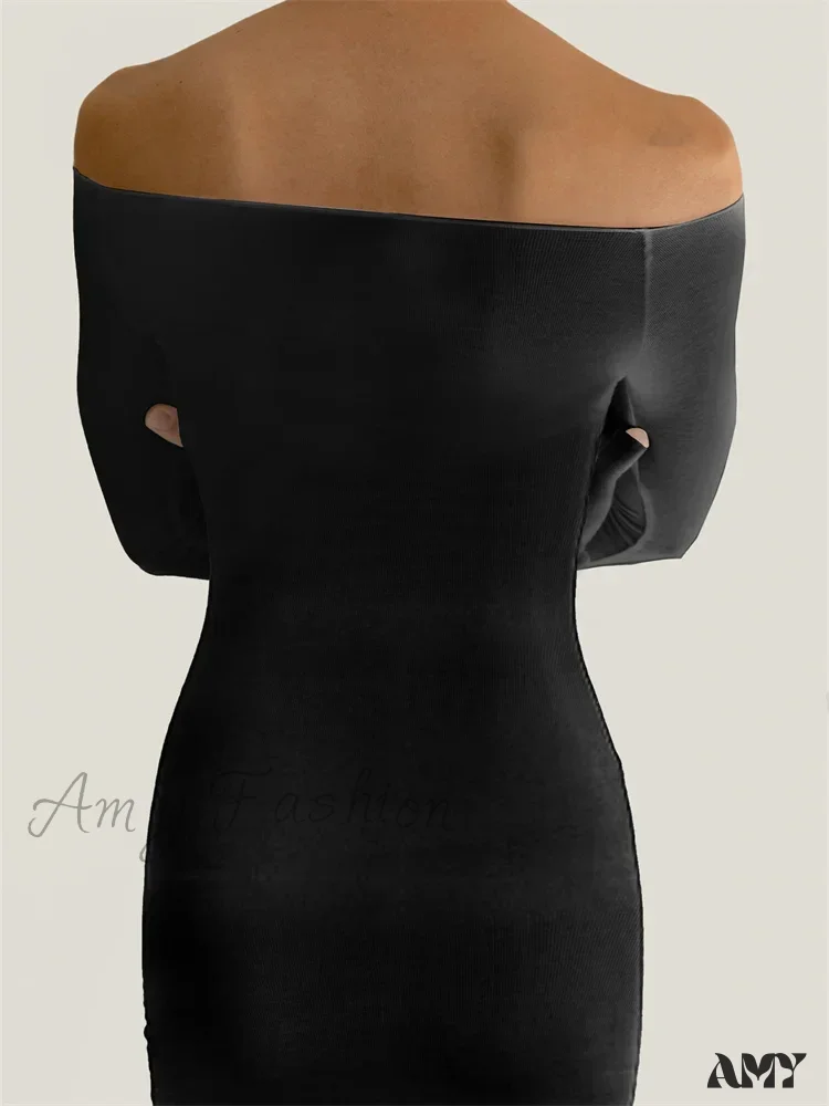 Amy Fashion - Women Bow Patchwork  Sleeve Elegant Solid Slash Neck Off Shoulder Party Beach Club Vestido Streetwear - Image 2