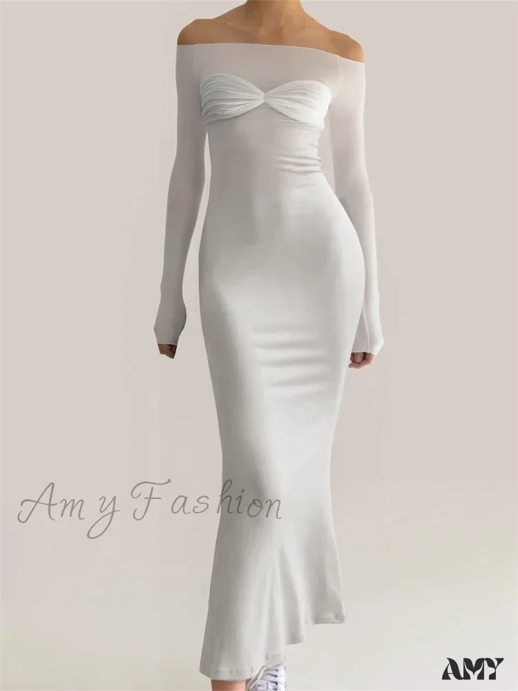 Amy Fashion - Women Bow Patchwork  Sleeve Elegant Solid Slash Neck Off Shoulder Party Beach Club Vestido Streetwear - Image 3