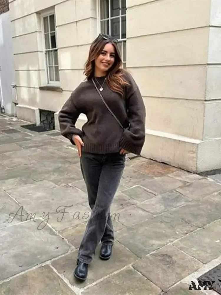Women Brown Casual Loose Knitted Fashion O Neck Long Sleeve Pullover Top New Autumn Sweater - Image 3