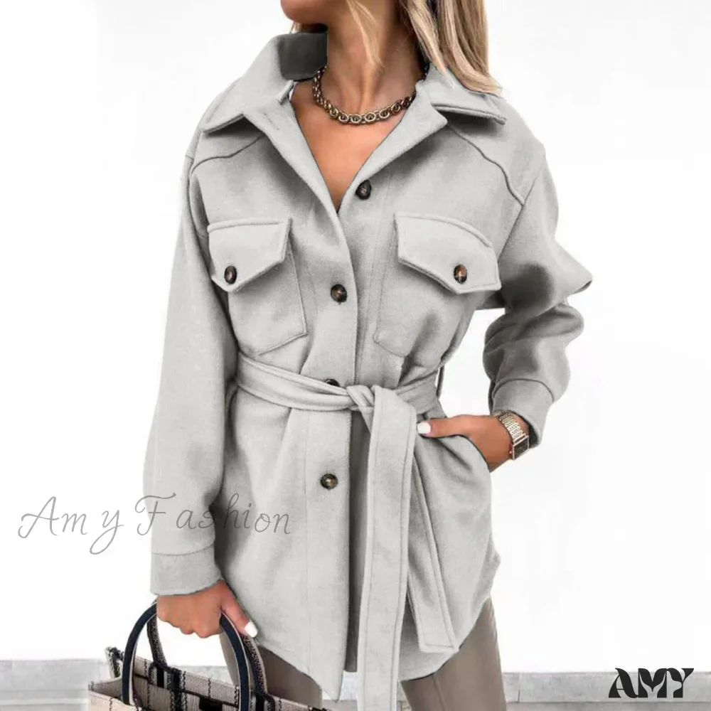 Amy Fashion - Casual Lapel With Belt Mid Long Coat - Image 2