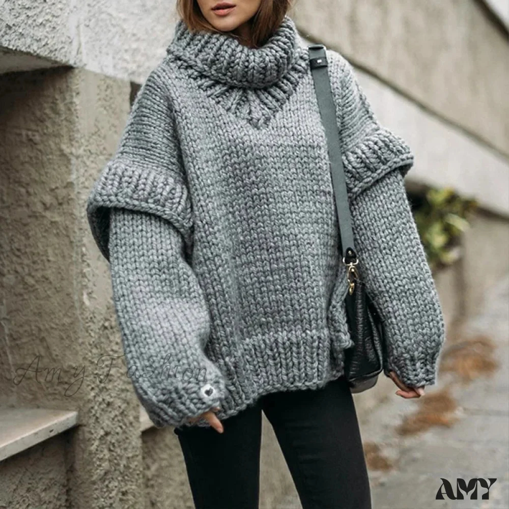 Women Casual Warm Winter Thick Fall Elegant Solid Knitted Jumper Fashion Long Sleeve Loose Sweater - Image 2