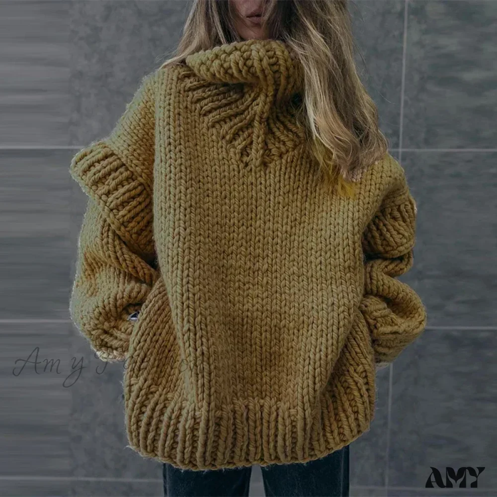 Women Casual Warm Winter Thick Fall Elegant Solid Knitted Jumper Fashion Long Sleeve Loose Sweater - Image 3