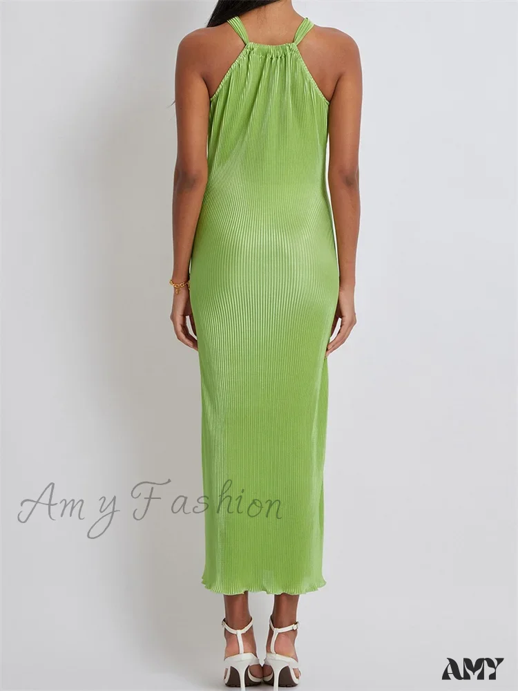 Amy Fashion - Women Cocktail  Solid Color Halter Neck Sleeveless Off Shoulder Ruched Summer Evening Party Vestidos - Image 3