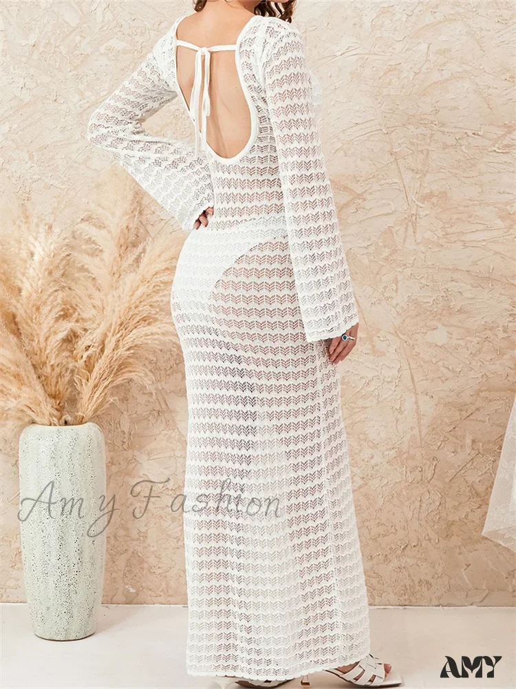 Amy Fashion - Women Crochet Knitted  Casual  Sleeve Round Neck Backless Tie-up Solid Hollow Out Beach Vestidos - Image 2