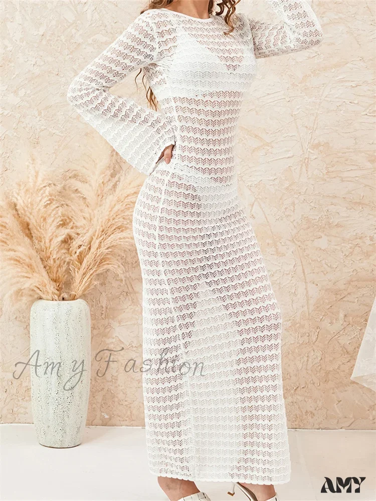 Amy Fashion - Women Crochet Knitted  Casual  Sleeve Round Neck Backless Tie-up Solid Hollow Out Beach Vestidos - Image 3