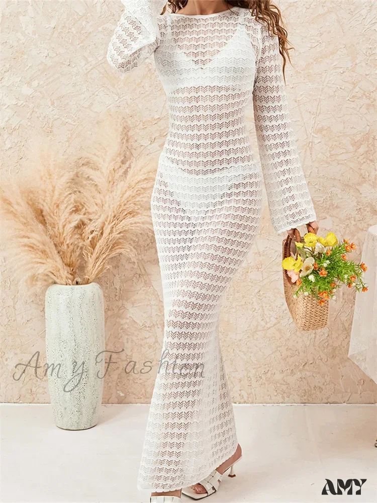 Amy Fashion - Women Crochet Knitted  Casual  Sleeve Round Neck Backless Tie-up Solid Hollow Out Beach Vestidos - Image 4