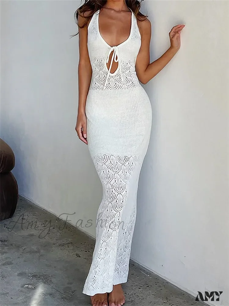 Amy Fashion - Women Crochet Knitted Hollow Out Backless  Spaghetti Strap Halter Lace-up  Beachwear Female Vestidos - Image 3