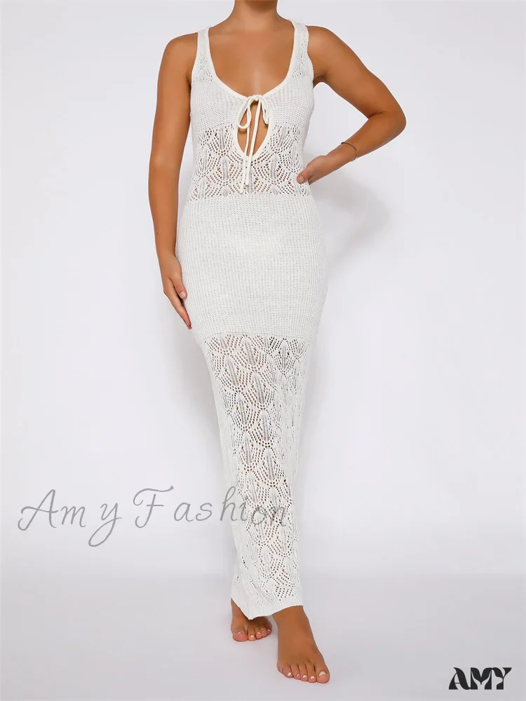 Amy Fashion - Women Crochet Knitted Hollow Out Backless  Spaghetti Strap Halter Lace-up  Beachwear Female Vestidos - Image 4