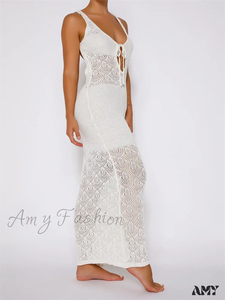 Amy Fashion - Women Crochet Knitted Hollow Out Backless  Spaghetti Strap Halter Lace-up  Beachwear Female Vestidos - Image 5