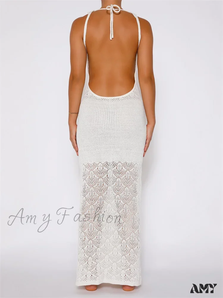 Amy Fashion - Women Crochet Knitted Hollow Out Backless  Spaghetti Strap Halter Lace-up  Beachwear Female Vestidos - Image 6