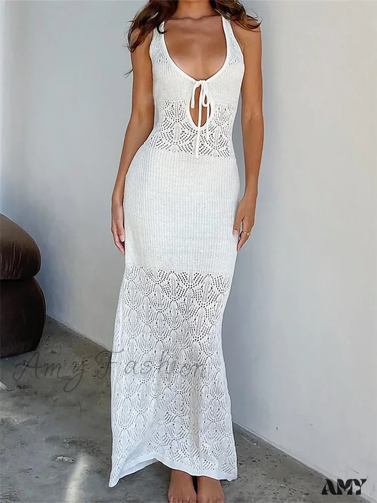 Amy Fashion - Women Crochet Knitted Hollow Out Backless  Spaghetti Strap Halter Lace-up  Beachwear Female Vestidos - Image 7
