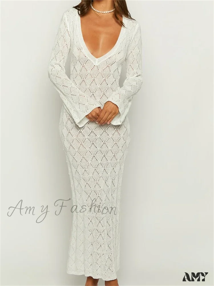 Amy Fashion - Women Crochet Knitted  Sleeve  Hollow Out V-neck Backless Lace-up Beach Cover Ups Summer Vestidos - Image 2