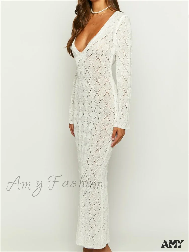 Amy Fashion - Women Crochet Knitted  Sleeve  Hollow Out V-neck Backless Lace-up Beach Cover Ups Summer Vestidos - Image 3