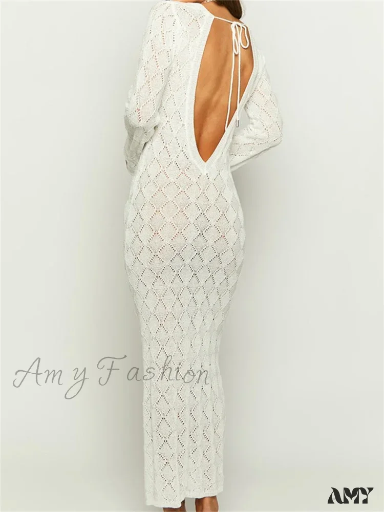 Amy Fashion - Women Crochet Knitted  Sleeve  Hollow Out V-neck Backless Lace-up Beach Cover Ups Summer Vestidos - Image 4