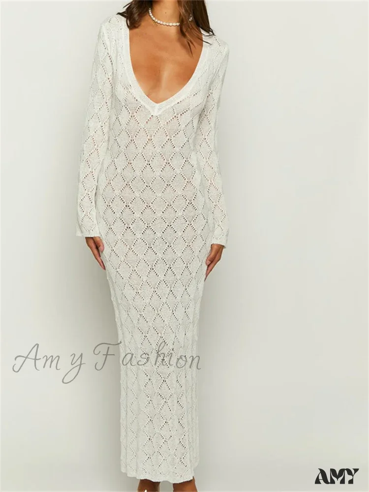 Amy Fashion - Women Crochet Knitted  Sleeve  Hollow Out V-neck Backless Lace-up Beach Cover Ups Summer Vestidos - Image 5