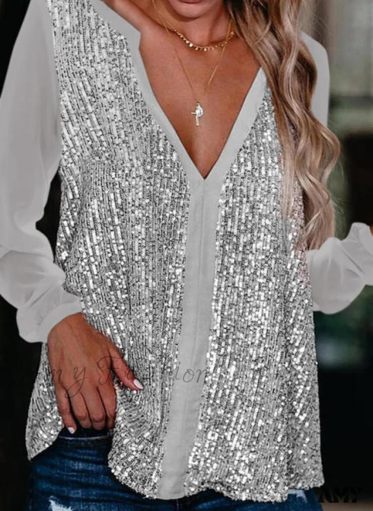 Amy Fashion - Elegant Long Sleeve Sequin Blouses Shirt - Image 3