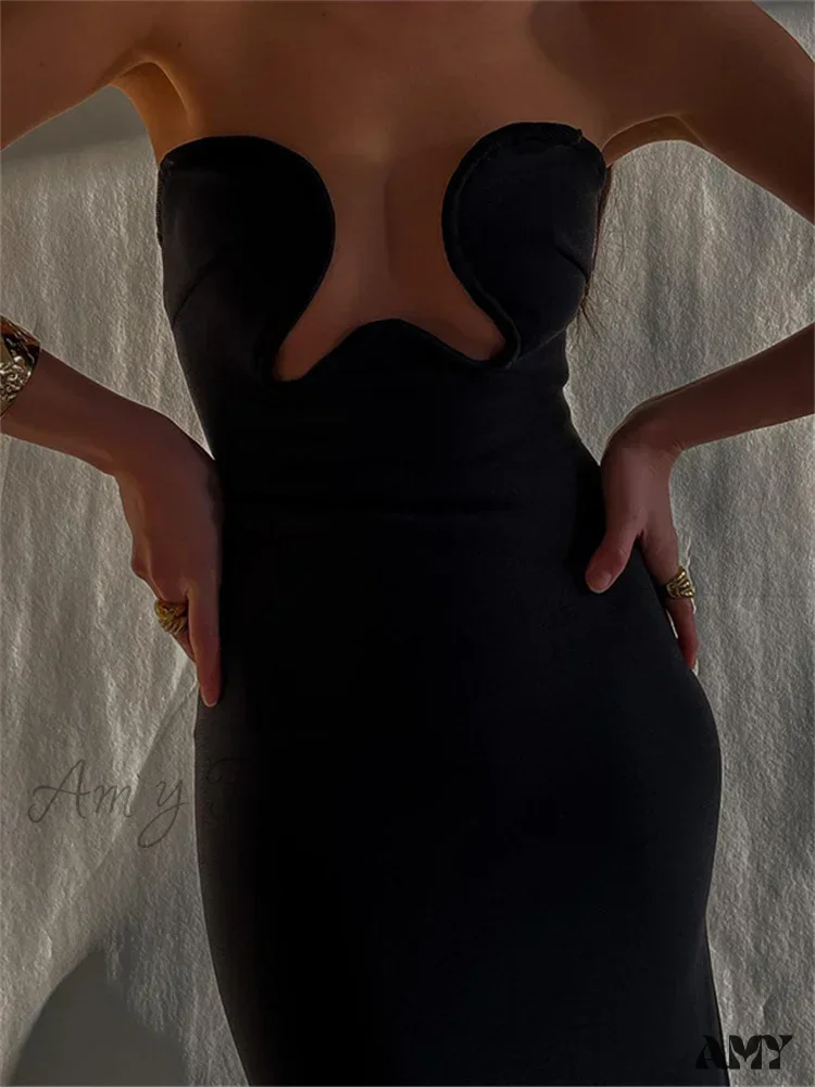 Amy Fashion - Women Elegant Low Cut Black Solid Sleeveless Satrpless Off Shoulder Push Up High Split Vestidos Party - Image 2