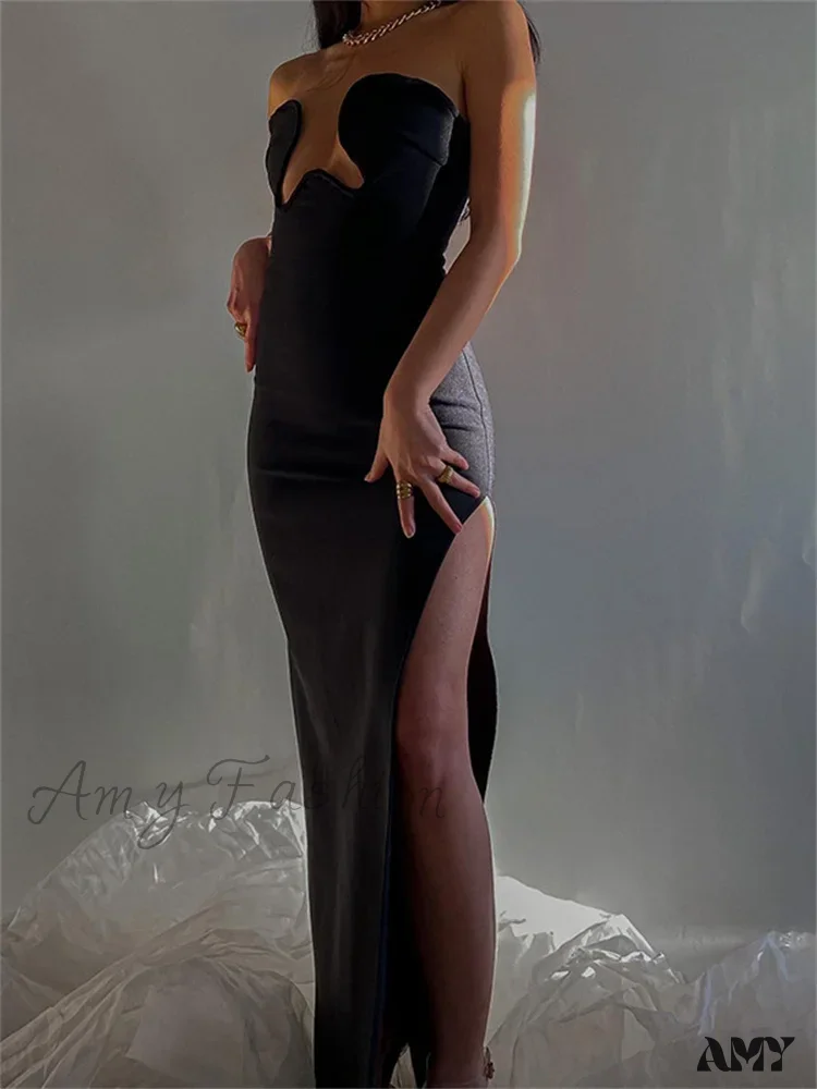 Amy Fashion - Women Elegant Low Cut Black Solid Sleeveless Satrpless Off Shoulder Push Up High Split Vestidos Party - Image 3
