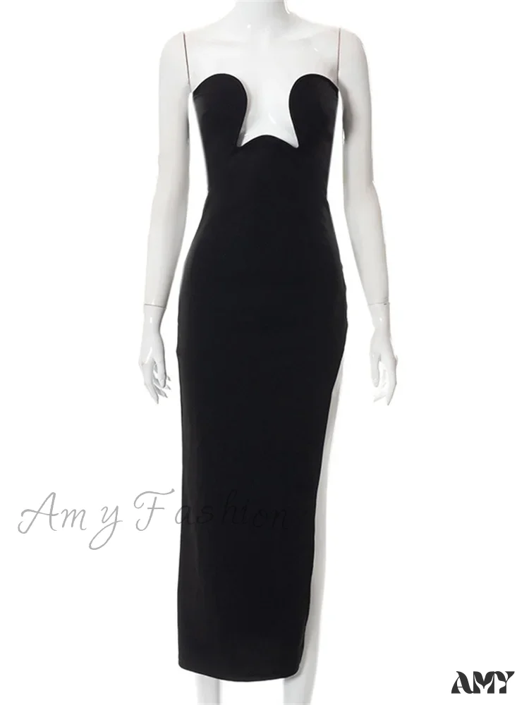 Amy Fashion - Women Elegant Low Cut Black Solid Sleeveless Satrpless Off Shoulder Push Up High Split Vestidos Party - Image 5