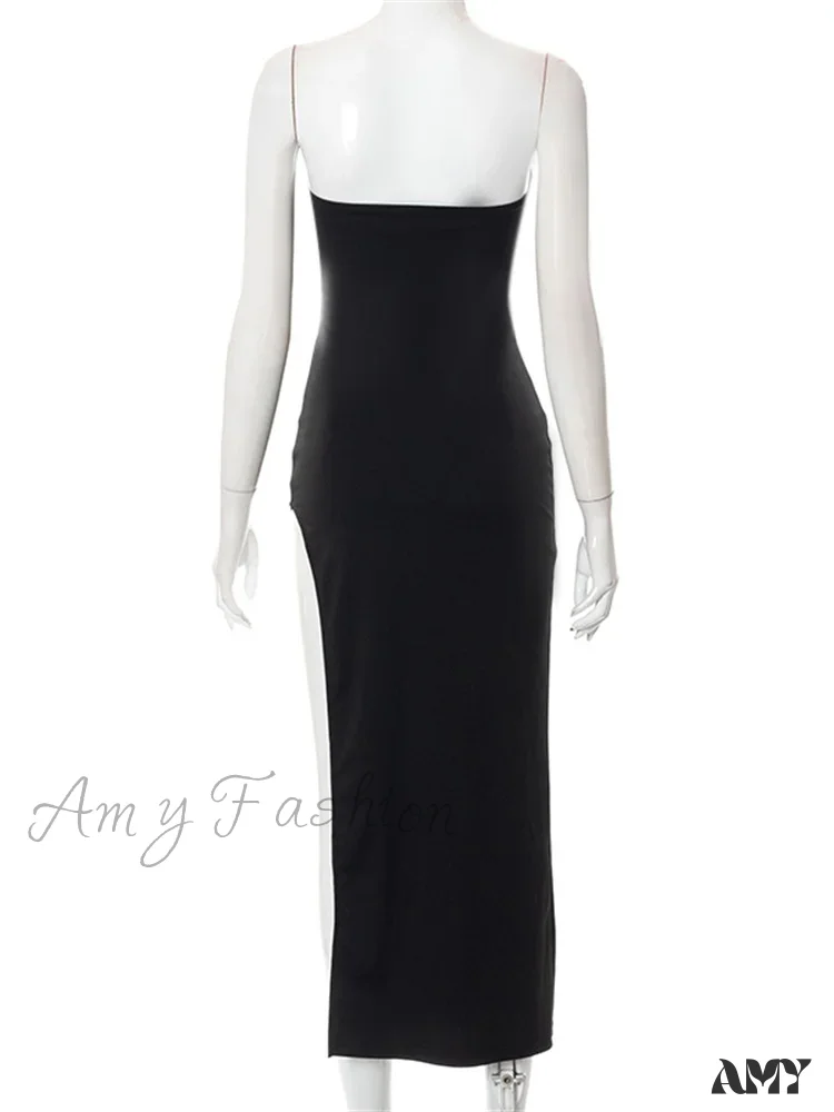 Amy Fashion - Women Elegant Low Cut Black Solid Sleeveless Satrpless Off Shoulder Push Up High Split Vestidos Party - Image 6