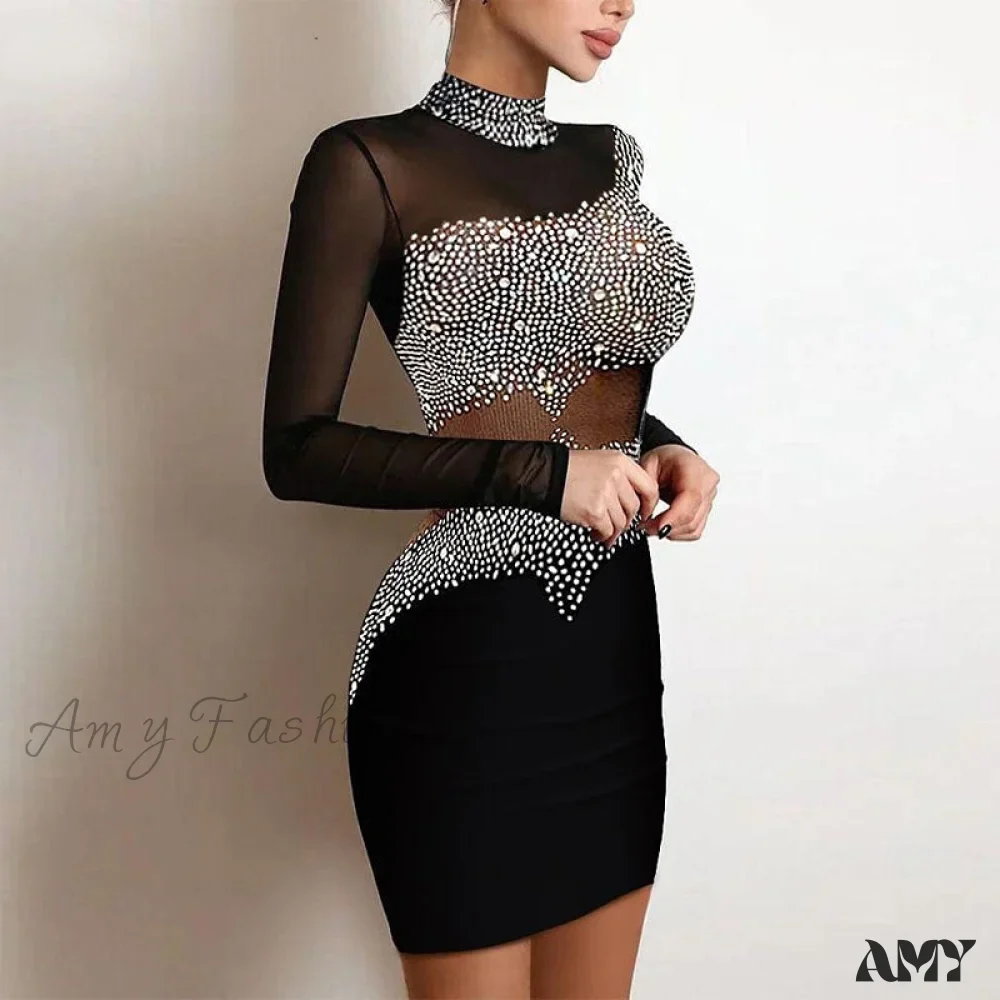 Amy Fashion - Women Elegant Rhinestone Decor Mesh Bodycon Dress - Image 4