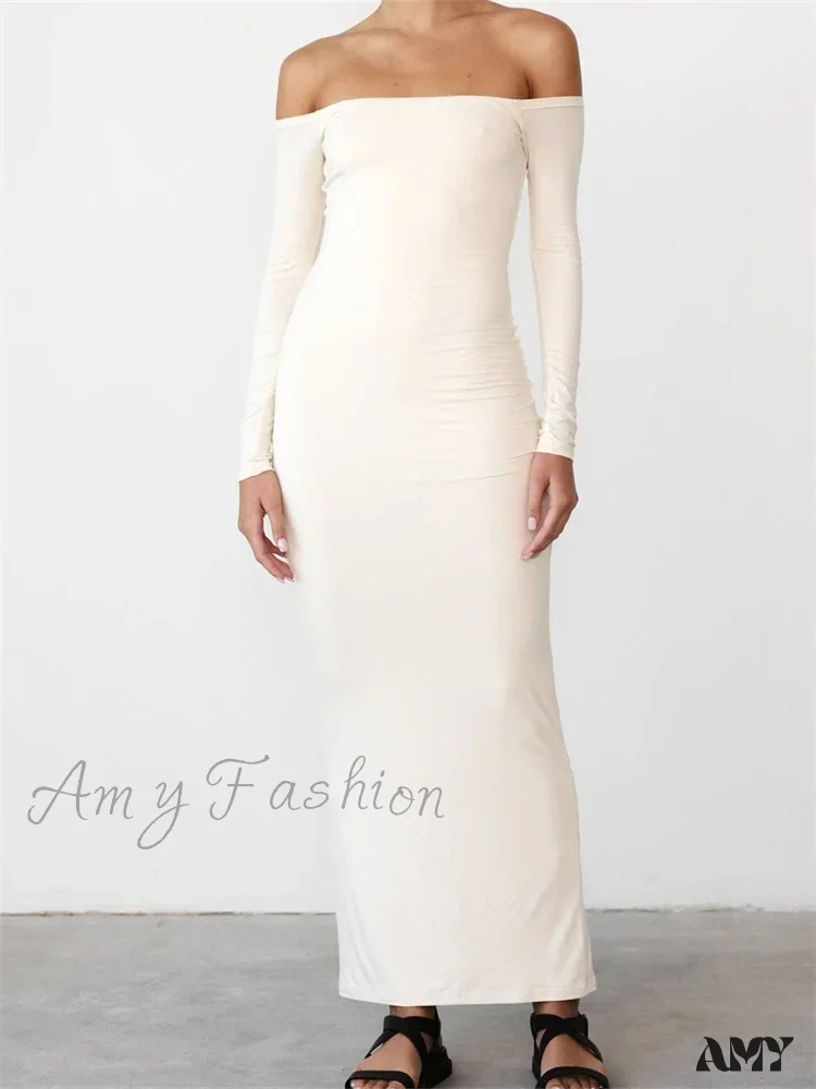Amy Fashion - Women Elegant Slash Neck Off-shoulder Solid Color Slim Fit Fall Cocktail Party Female Vestidos