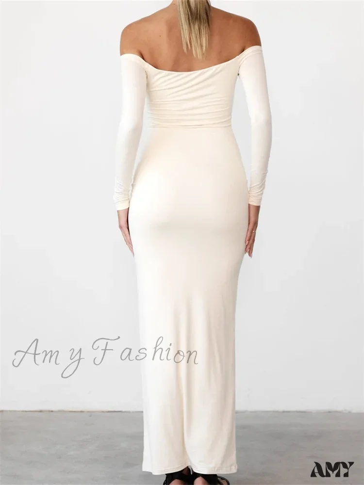 Amy Fashion - Women Elegant Slash Neck Off-shoulder Solid Color Slim Fit Fall Cocktail Party Female Vestidos - Image 2