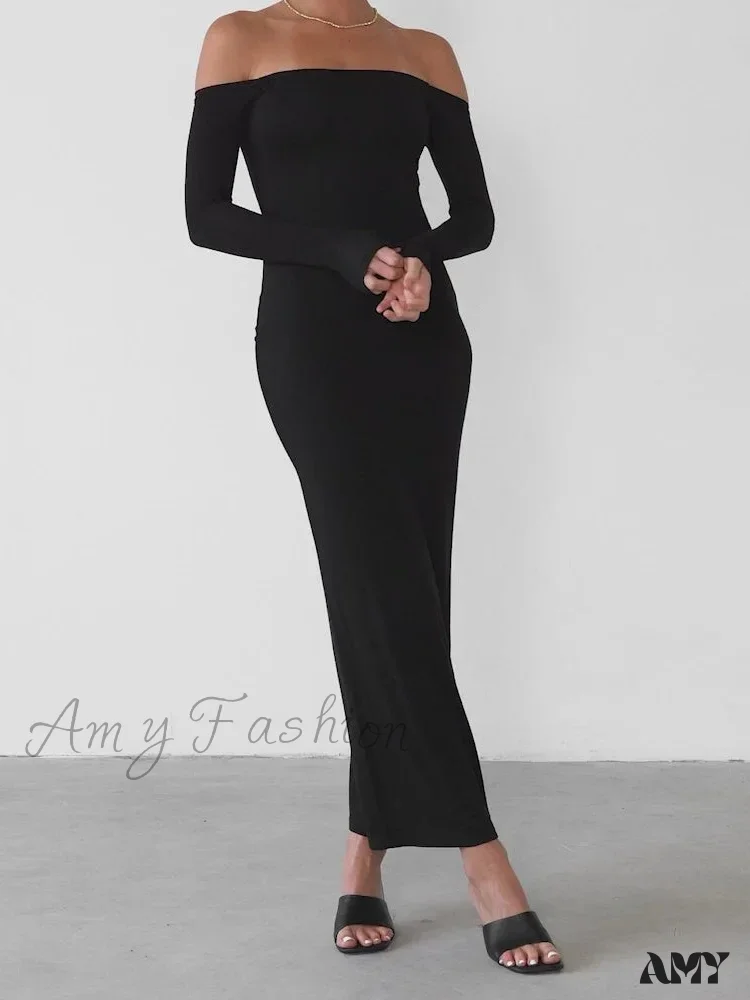 Amy Fashion - Women Elegant Slash Neck Off-shoulder Solid Color Slim Fit Fall Cocktail Party Female Vestidos - Image 3
