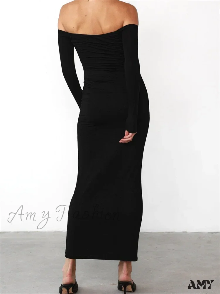 Amy Fashion - Women Elegant Slash Neck Off-shoulder Solid Color Slim Fit Fall Cocktail Party Female Vestidos - Image 4