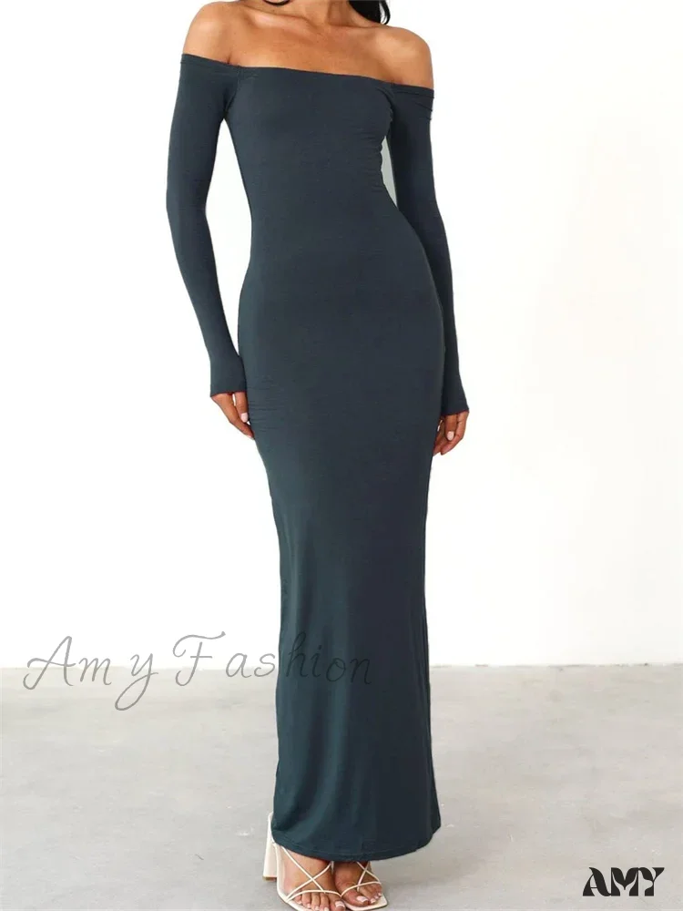 Amy Fashion - Women Elegant Slash Neck Off-shoulder Solid Color Slim Fit Fall Cocktail Party Female Vestidos - Image 5