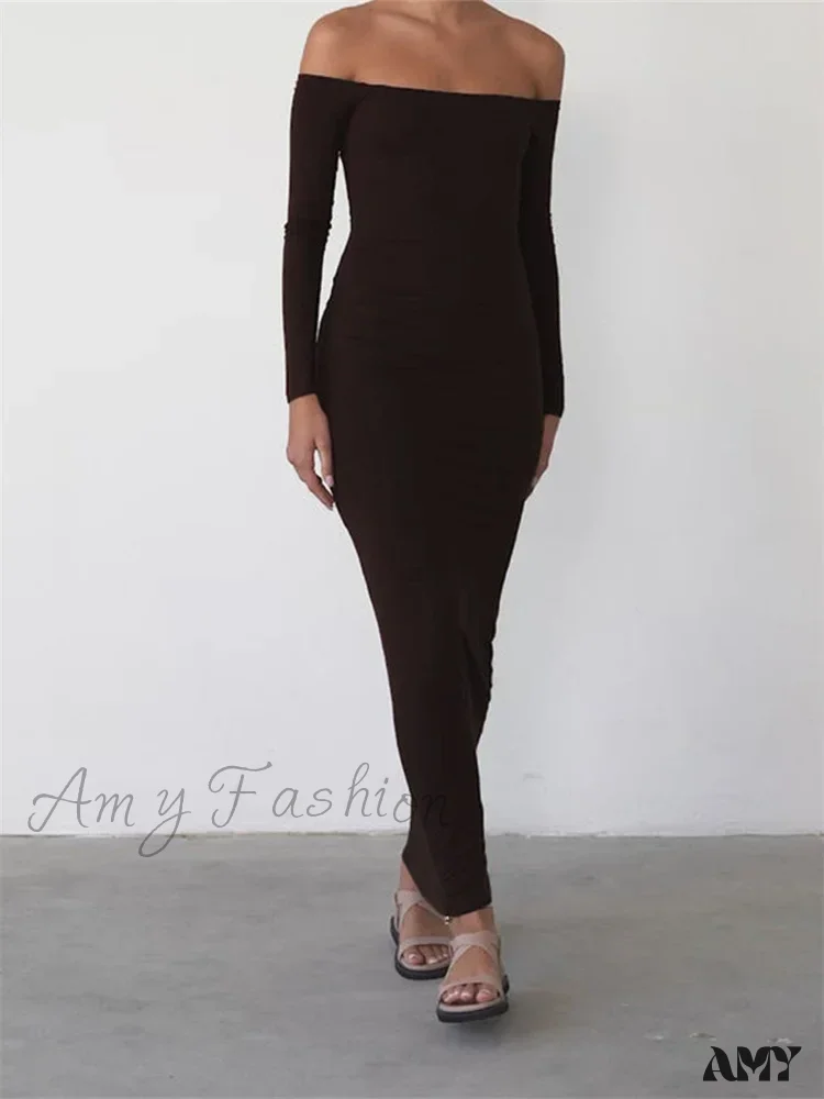 Amy Fashion - Women Elegant Slash Neck Off-shoulder Solid Color Slim Fit Fall Cocktail Party Female Vestidos - Image 6