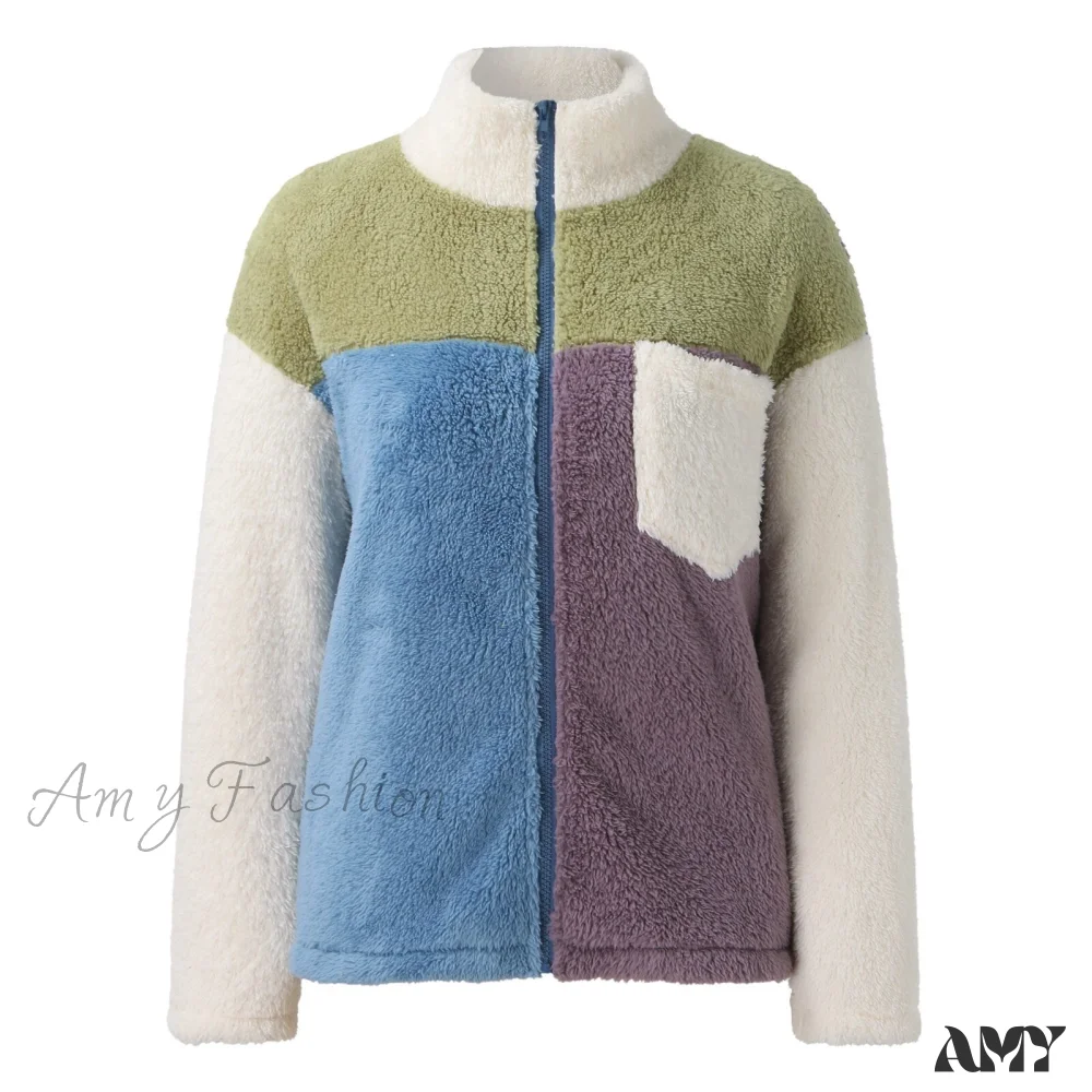 Amy Fashion - Fleece Fuzzy Faux Shearling Zipper Coat - Image 3