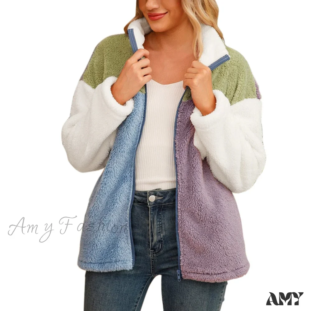 Amy Fashion - Fleece Fuzzy Faux Shearling Zipper Coat - Image 5